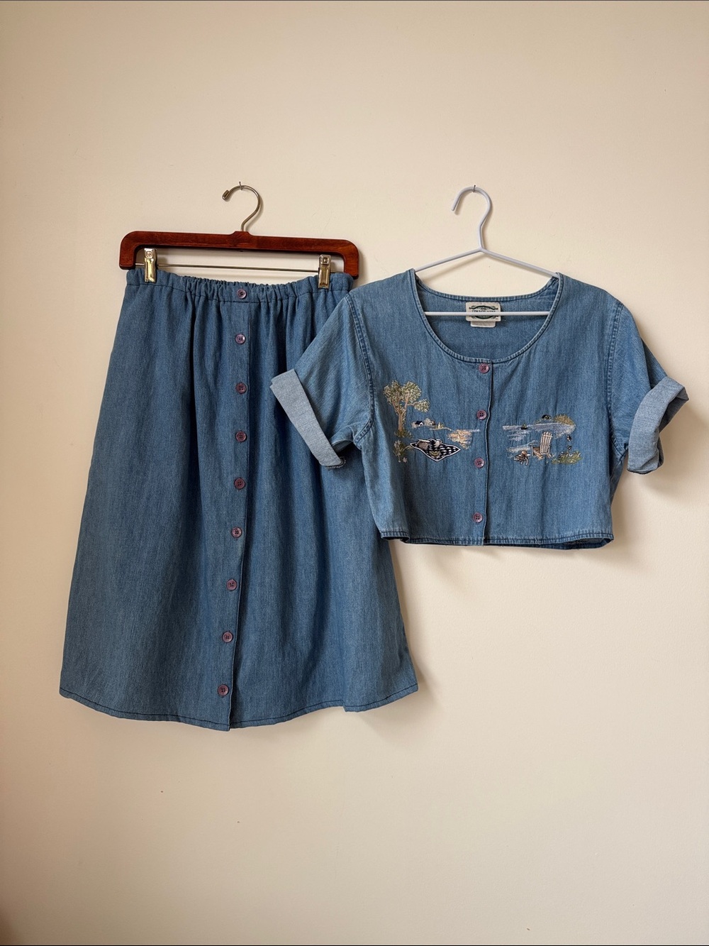 ⭐️ Reworked 2 Piece Vintage embroidered picnic Denim Top And Skirt Set Upcycle